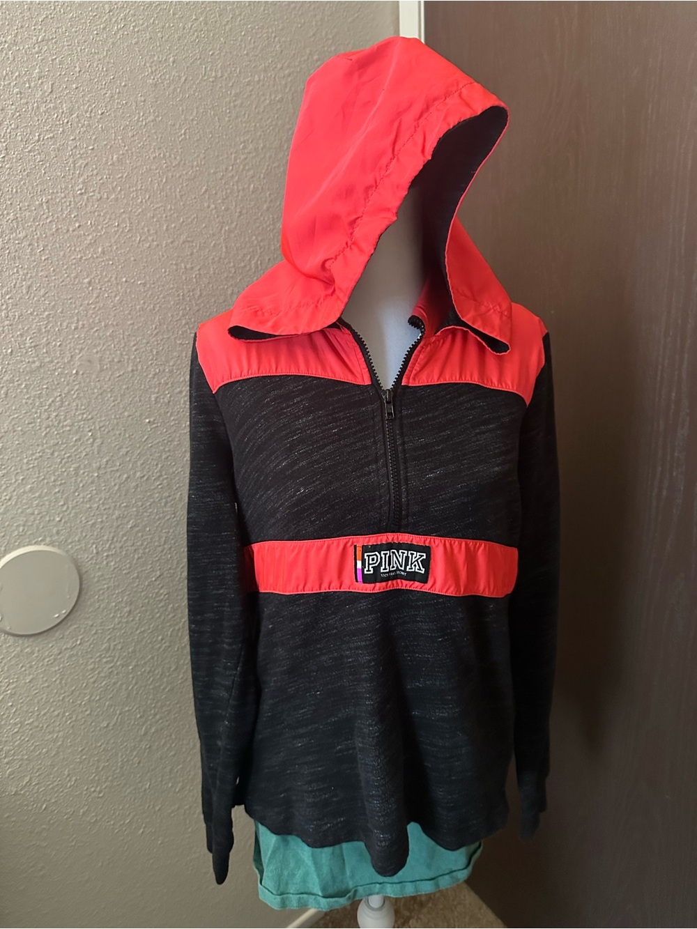 PINK Victoria's Secret Black Hoodie with Bright Coral-Red Accents